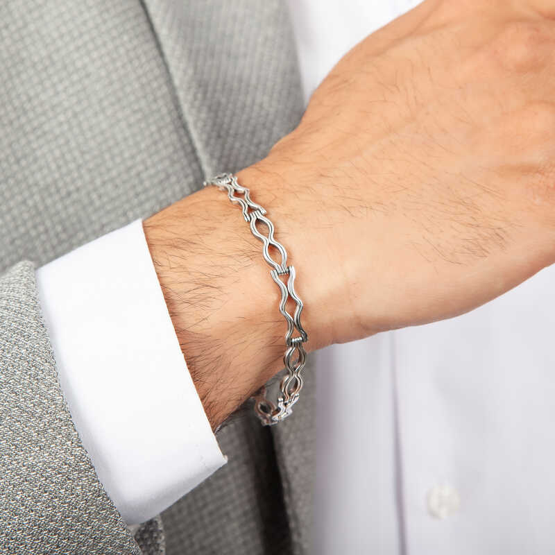 Sterling Silver Bracelet - Oxidized Wavy Link Design for Men