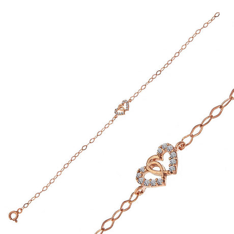 Bracelet - Rose Gold Tone Interlocking Hearts with Sparkling Stones