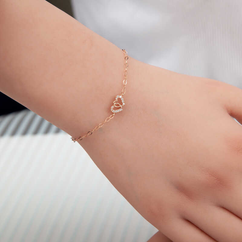 Bracelet - Rose Gold Tone Interlocking Hearts with Sparkling Stones