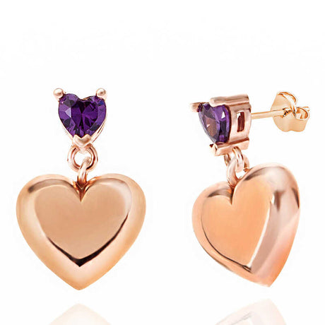 Rose Gold Plated Drop Earrings - Amethyst-like Heart Stud