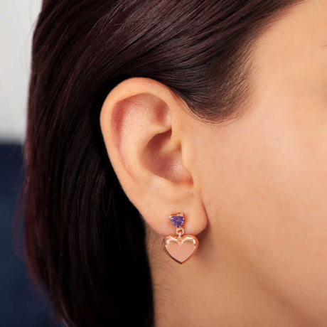 Rose Gold Plated Drop Earrings - Amethyst-like Heart Stud