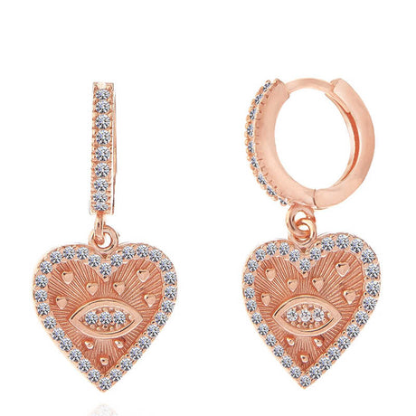 Rose Gold Tone Cubic Zirconia Heart Dangle Hoop Earrings - Evil Eye Design