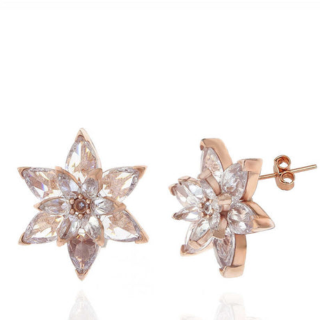 Stud Earrings - Rose Gold Tone Sparkling Lotus Flower Design