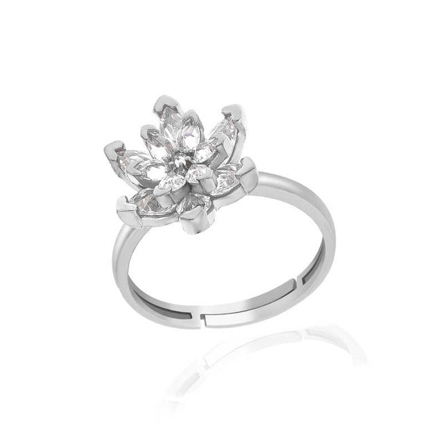 Sterling Silver Adjustable Ring - Zirconia Lotus Flower Statement