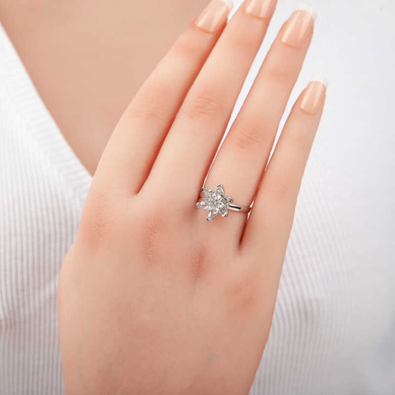Sterling Silver Adjustable Ring - Zirconia Lotus Flower Statement