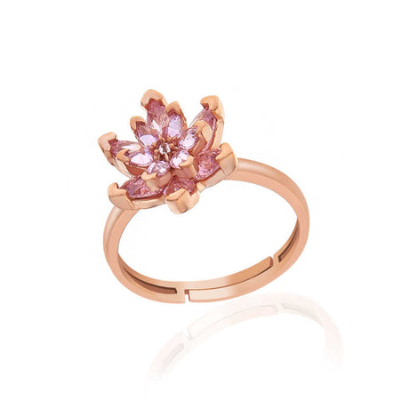 Adjustable Ring - Rose Gold Plated Pink Stone Lotus Flower Design