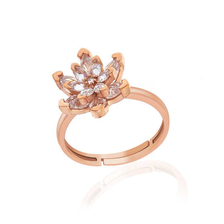 Adjustable Ring - Rose Gold Plated Lotus Flower with White Zirconia