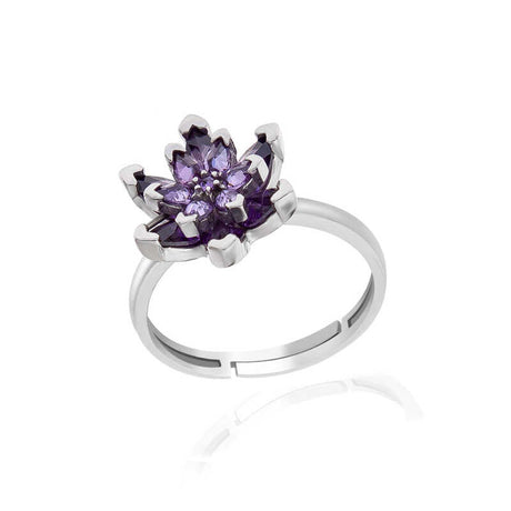 Ring - Sterling Silver Amethyst Lotus Flower Statement Ring