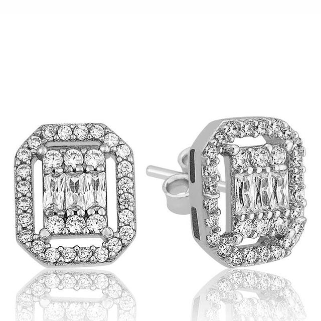 Sterling Silver Dazzling Octagon Baguette Halo Stud Earrings