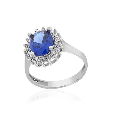 Sterling Silver - Oval Blue Stone Halo Ring for Women