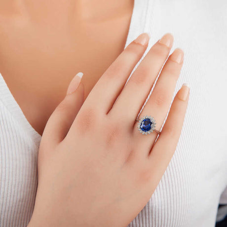 Sterling Silver - Oval Blue Stone Halo Ring for Women