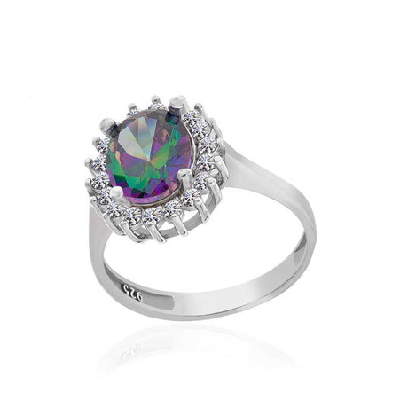 Sterling Silver Mystic Topaz Oval Halo Ring - Dazzling Gemstone