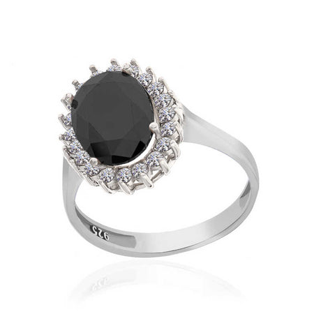 Sterling Silver - Black Oval Halo Statement Ring