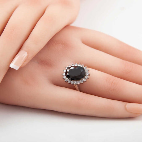 Sterling Silver - Black Oval Halo Statement Ring