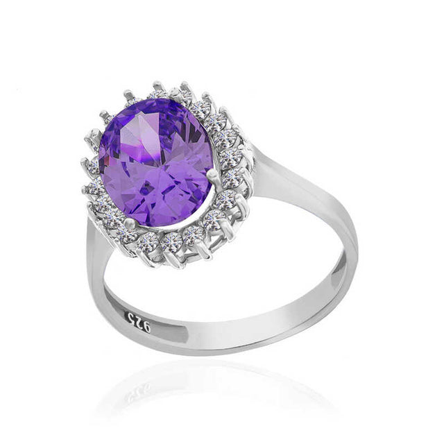 Sterling Silver Ring - Oval Purple Zirconia Halo Design