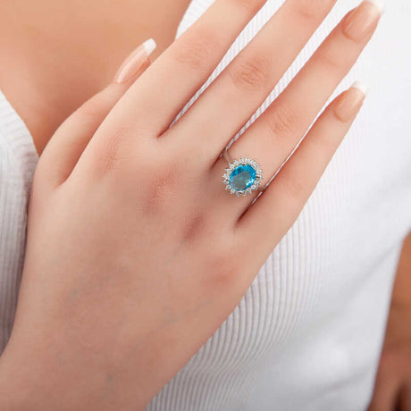 Sterling Silver - Oval Turquoise & Zirconia Halo Statement Ring