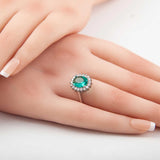 Sterling Silver Dark Green Cushion-Cut Halo Cocktail Ring