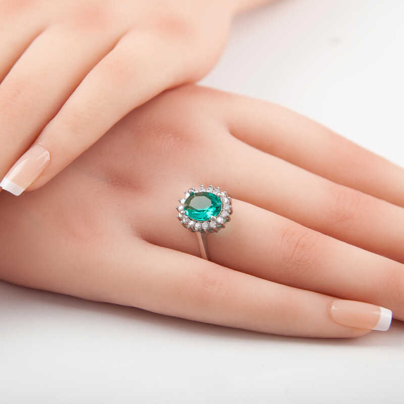 Sterling Silver Dark Green Cushion-Cut Halo Cocktail Ring