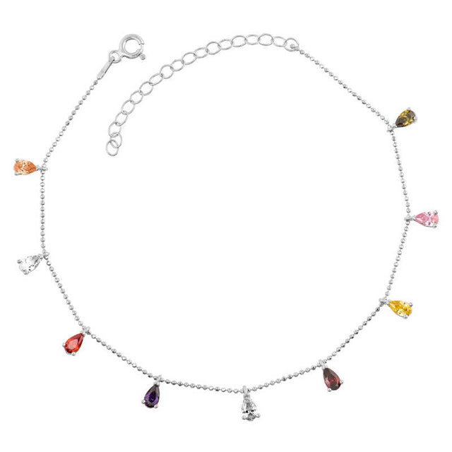 Sterling Silver Multi-Gemstone Teardrop Dangle Anklet
