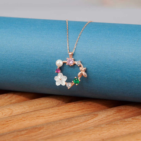 Rose Gold Plated Floral Butterfly Wreath Necklace with Pearl & Gemstones