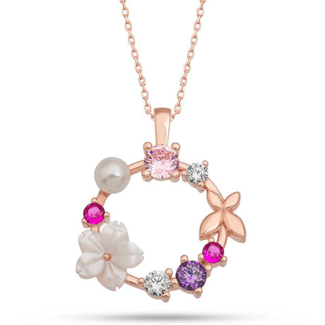 Necklace - Rose Gold Tone Floral Butterfly Wreath with Multi-Stones