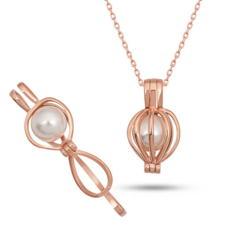 Pearl Pendant Necklace - Rose Gold Tone Caged Locket Design