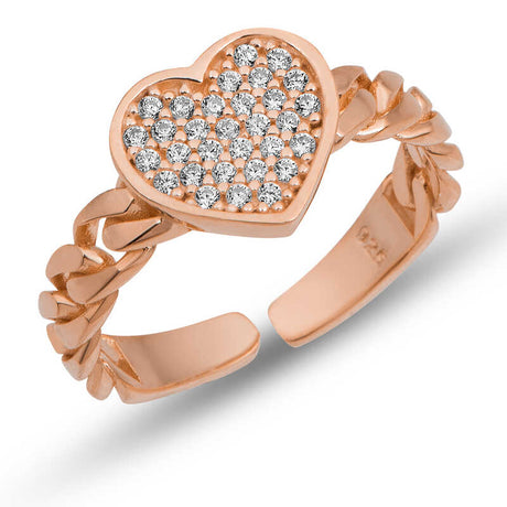Adjustable Ring - Rose Gold Plated Sterling Silver Pave Heart