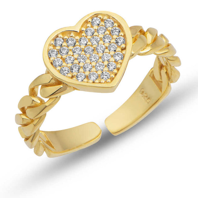 Adjustable Ring - Gold-Plated Sterling Silver Pave Heart & Curb Chain