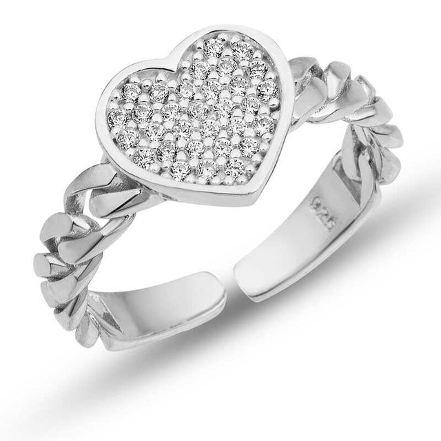 Adjustable Ring - Sterling Silver Pave Heart & Curb Chain Design