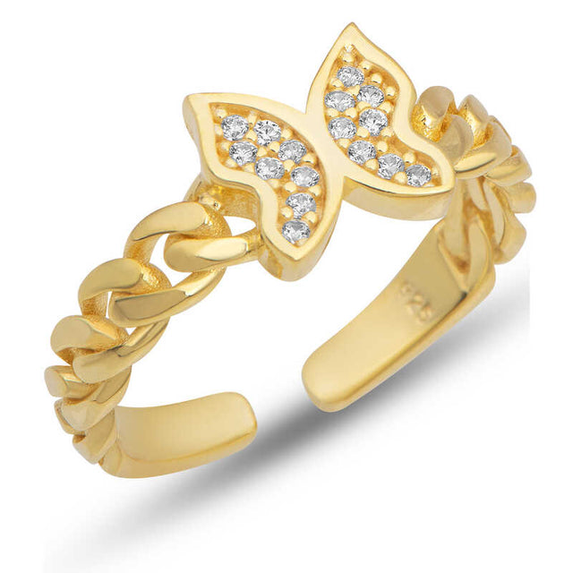 Adjustable Ring - Gold-Plated Sterling Silver Butterfly Chain Link with CZ