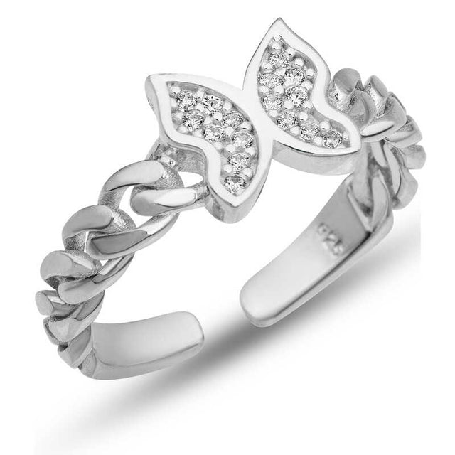 Adjustable Ring - Sterling Silver Butterfly with Cubic Zirconia Chain