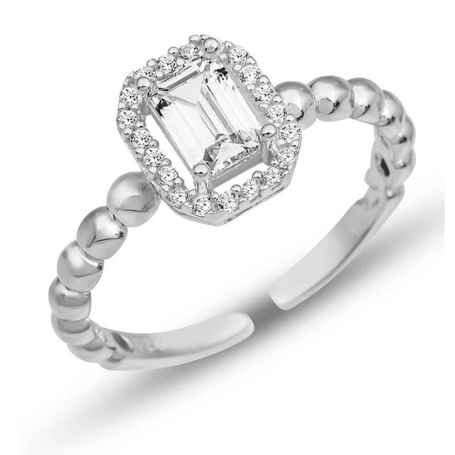 Sterling Silver Adjustable Halo Ring - Baguette & Pave Zirconia