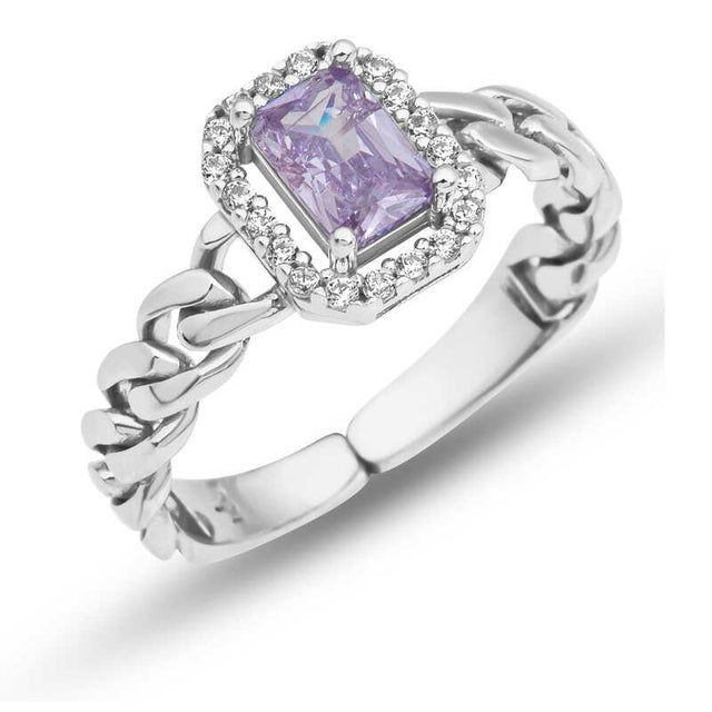 Ring - Silver-Tone Chain Link Band Lilac Baguette Halo Ring