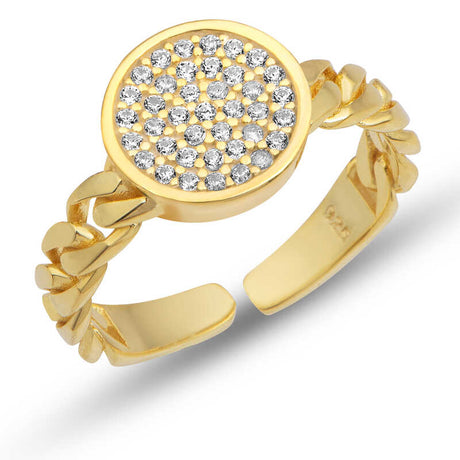 Adjustable Ring - Gold Plated Sterling Silver Zircon Pave Curb Chain