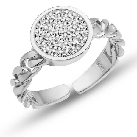 Sterling Silver Adjustable Ring - Pave Cubic Zirconia Chain Link