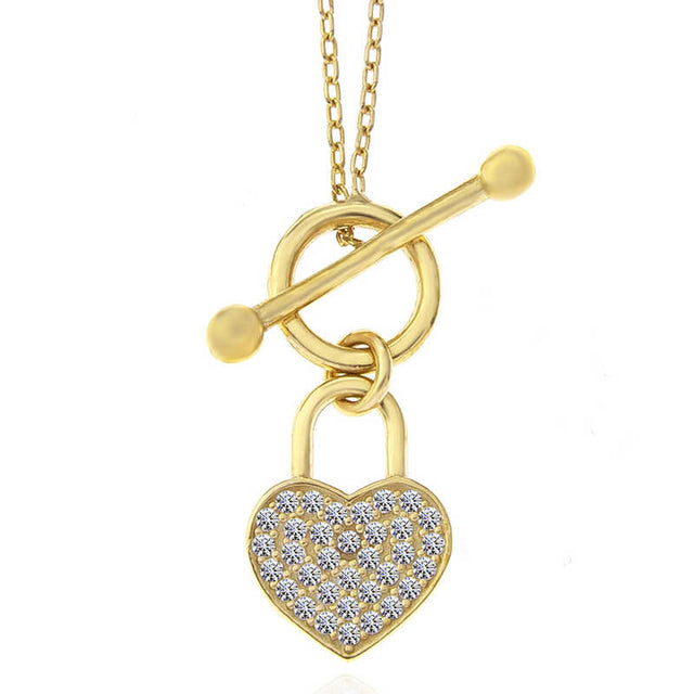 Gold-Tone Toggle Clasp Necklace - Sparkling Heart Padlock Charm