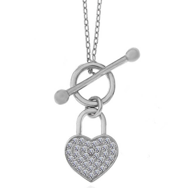 Sterling Silver Toggle Clasp Necklace - Sparkling Pave Heart Lock Pendant