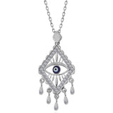 Sterling Silver Evil Eye Necklace - Ornate CZ Dangle Pendant