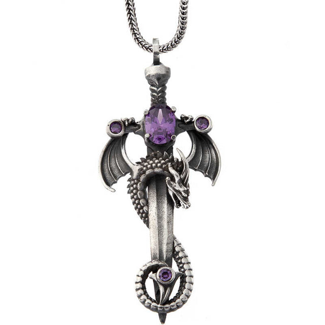 Men's Sterling Silver Amethyst Dragon Sword Pendant Necklace