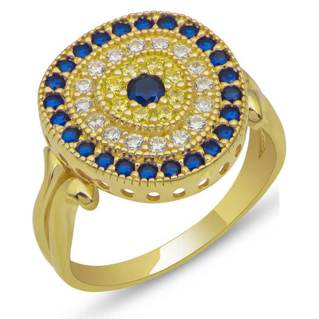 Gold-Tone Evil Eye Statement Ring - Blue, White & Yellow Zircon Stones