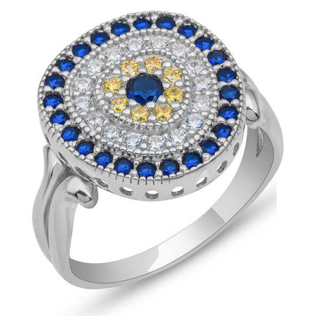 Ring - Sterling Silver Oval Evil Eye Blue White Yellow CZ