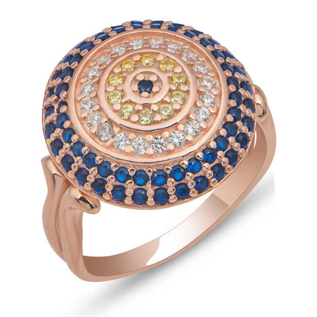 Rose Gold Plated Evil Eye Ring with Blue, White & Yellow Pavé Stones