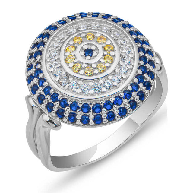 Ring - Sterling Silver Evil Eye Pave Statement Ring with Blue & Yellow Stones