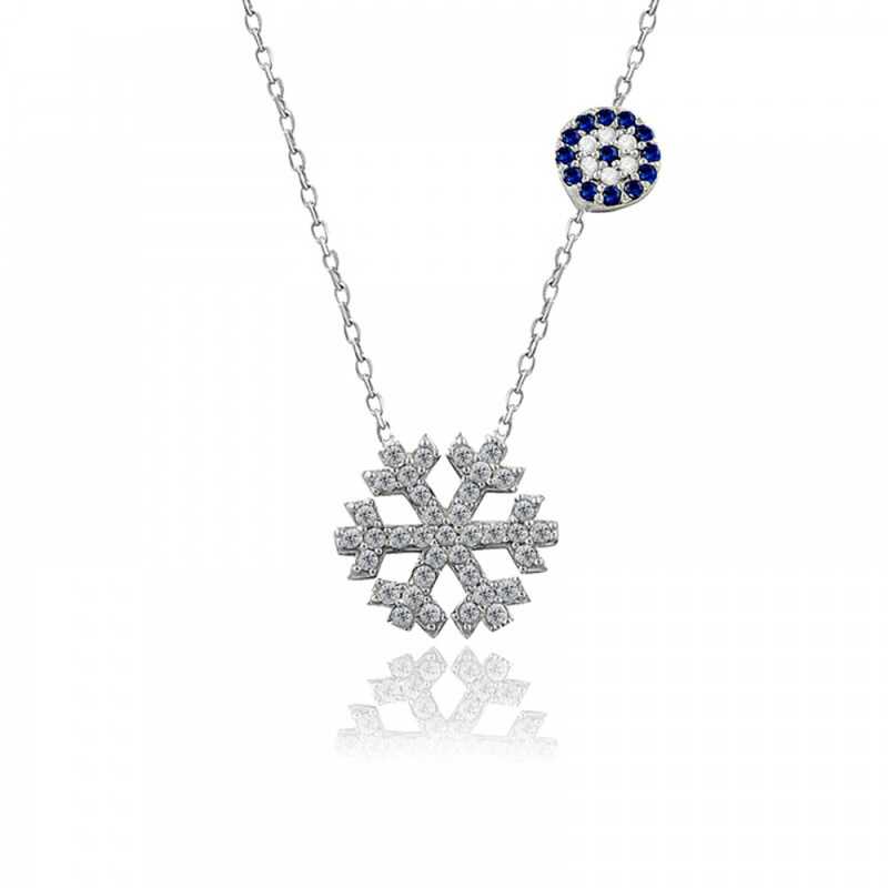 Sterling Silver Necklace - Sparkling Snowflake & Evil Eye Charm