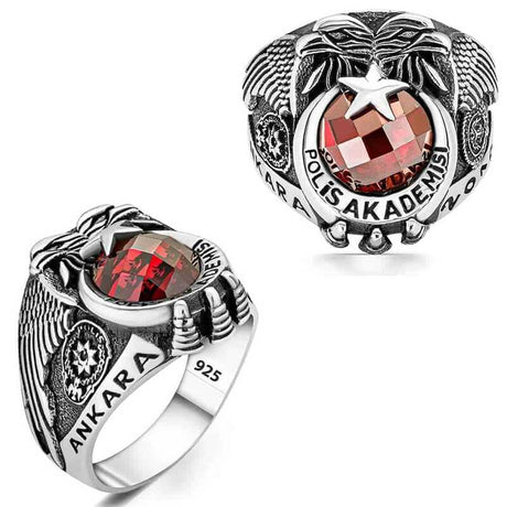 Premium Sterling Silver Police Academy Mens Ring with Faceted Red Gemstone