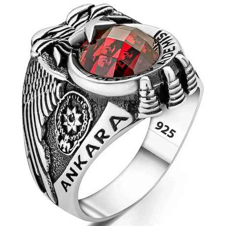 Premium Sterling Silver Police Academy Mens Ring with Faceted Red Gemstone