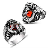 Premium Silver Turkish Navy Eagle Mens Ring Red Stone