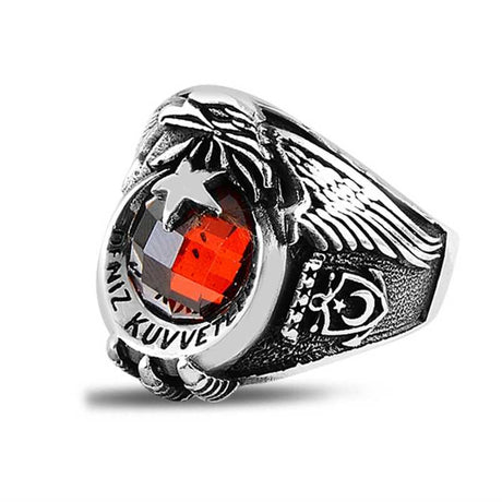 Premium Silver Turkish Navy Eagle Mens Ring Red Stone