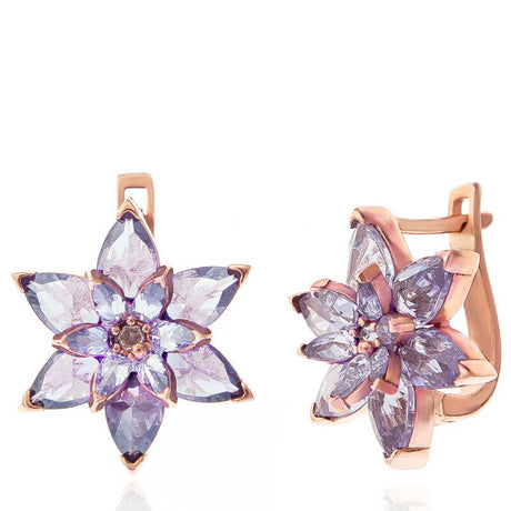 Rose Gold Tone Lilac Gemstone Floral Cluster Earrings