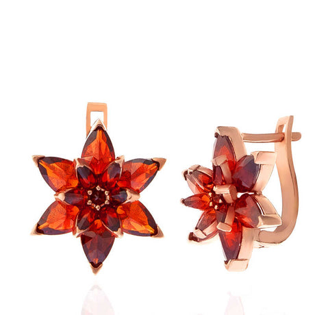 Earrings - Rose Gold-Tone Red Garnet Lotus Flower Earrings